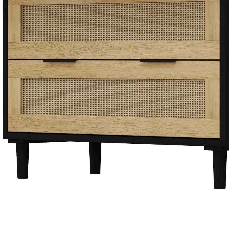 31.5" Rattan Storage Cabinet with 3 Drawers, Modern Design, MDF and Real Wood Legs, Metal Handles, Anti-Tip Safety, for Bedroom, Living Room, Hallways, Black