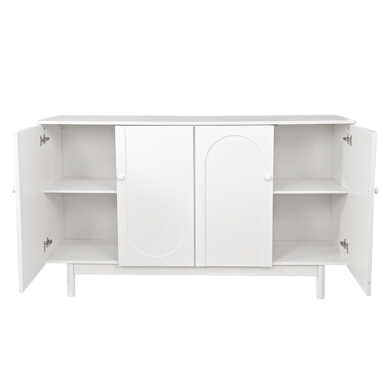 Stylish 4-Door Intaglio Storage Cabinet with Pine Legs, Solid Wood Pulls, Adjustable Shelves, 59.06"L x 15.75"W x 32.43"H, White