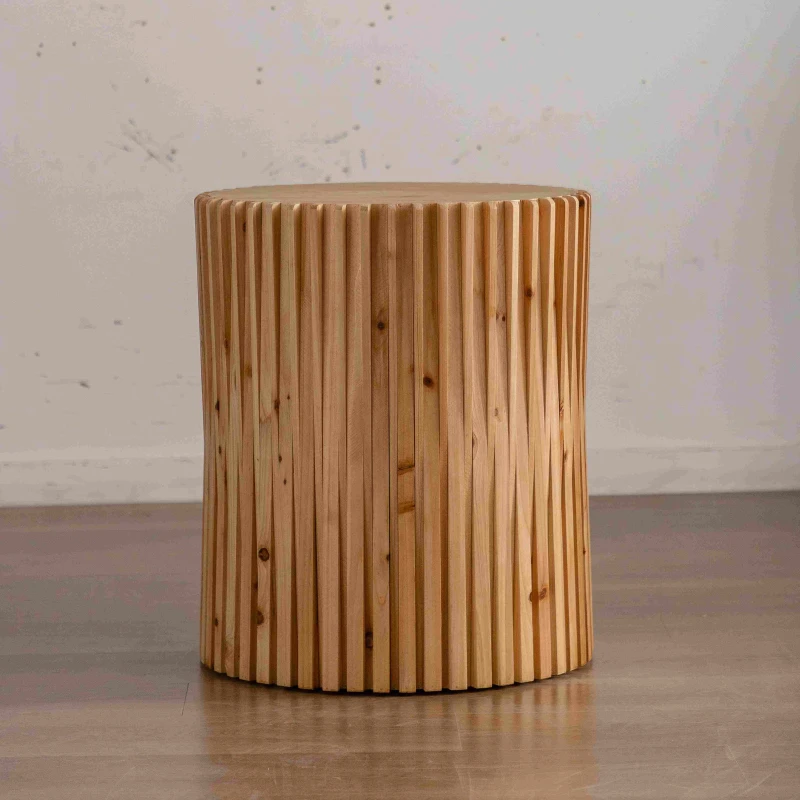 Retro Cylindrical Coffee Table Set of 2 with Vertical Texture Relief Design, No Assembly Required, MDF and Fir Wood, 20.47" and 31.5", Natural