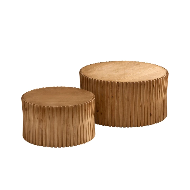Vintage Cylindrical Nesting Coffee Table Set with Vertical Textured Embossed Design, No Assembly Required, 31.5" and 23.62", Natural