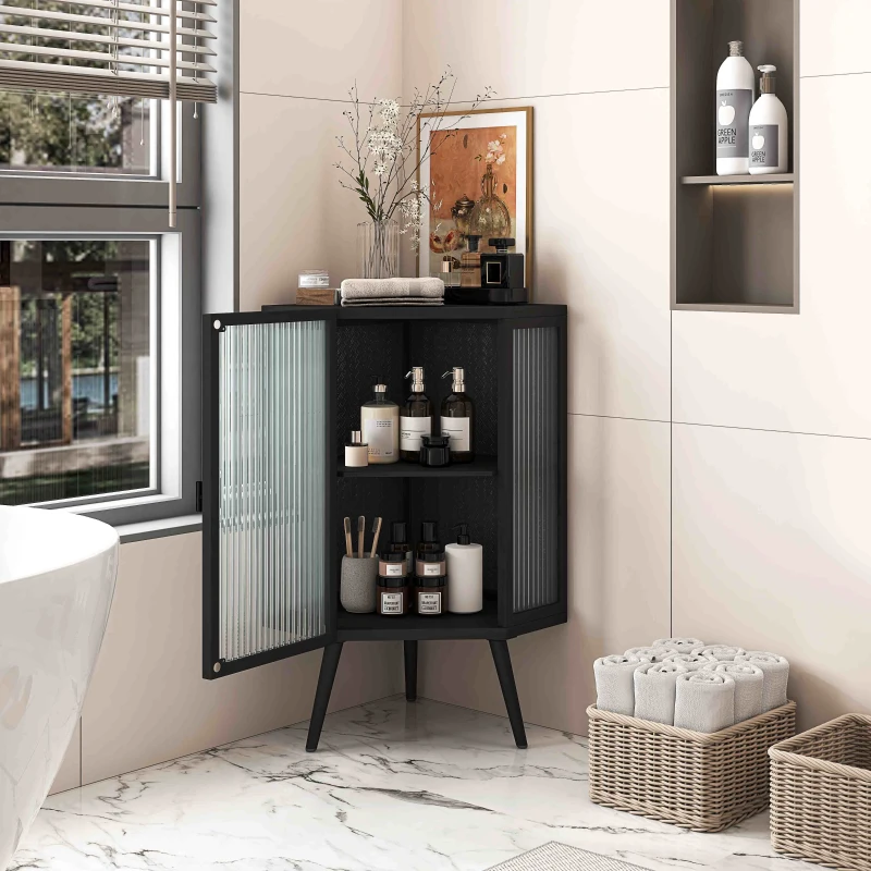 22.25" Floor Corner Cabinet with Tempered Glass Door & Storage Shelves for Bathroom, Living Room, Bedroom, Easy Assembly, 31.5" H, Black