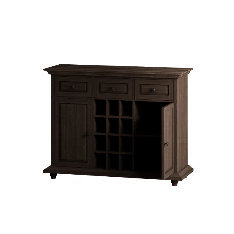 Vintage Style 3-Drawer 2-Door Storage Cabinet with 12-Grid Wine Rack, Adjustable Shelves, Anti-Tipping Design, 47.64"L x 17.13"W x 36.02"H, Brown