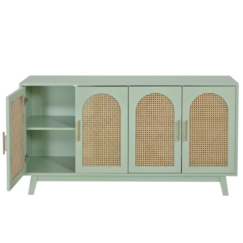 Modern 4-Door Cabinet with Rattan Decorative Doors, Versatile Storage Solution for Bedroom, Living Room, Office, Easy Assembly, 59.84"L x 15.75"W x 31.89"H, Mint Green