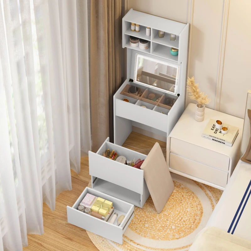 Dressing Table with Flip Top LED Mirror, Vanity Table with Storage, Removable Upholstered Stool, 23.62" x 15.75" x 62.99", White