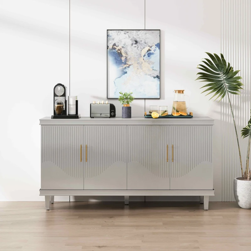 59.84'' Large 4-Door Cabinet, Solid Wood and MDF, Adjustable Shelves, 330 lbs Top Surface Capacity, 66 lbs Laminate Capacity, 59.84''L x 15.75''W x 32.28''H, Champagne