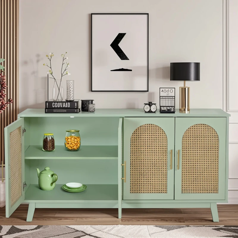 Modern 4-Door Cabinet with Rattan Decorative Doors, Versatile Storage Solution for Bedroom, Living Room, Office, Easy Assembly, 59.84"L x 15.75"W x 31.89"H, Mint Green