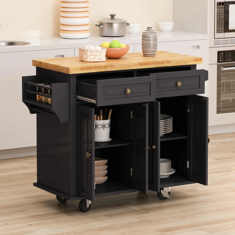 Kitchen Island Cart with Two Storage Cabinets, Two Drawers, Locking Wheels, Spice Rack, and Towel Rack, 43.31" Width, Black