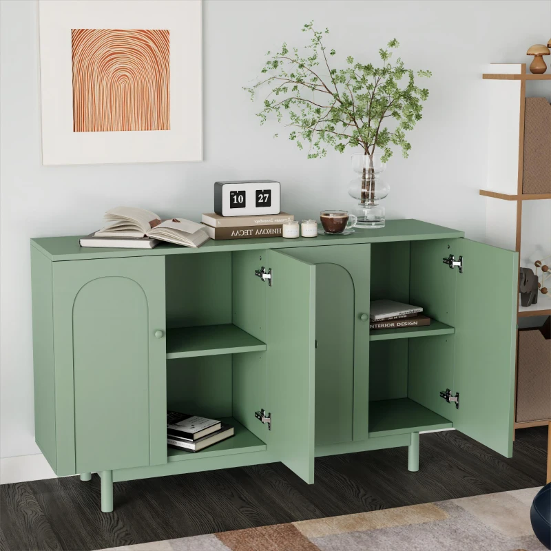 4-Door Intaglio Storage Cabinet with Pine Legs, Solid Wood Pulls, Adjustable Shelves, and MDF, 59.06"L x 15.75"W x 32.43"H, Mint Green