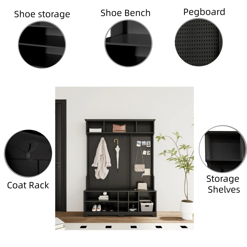Hall Tree with Shoe Bench, Coat Rack, Storage Shelves, Pegboard, and Shoe Storage, 57.48"L x 14.96"W x 77.17"H, Black