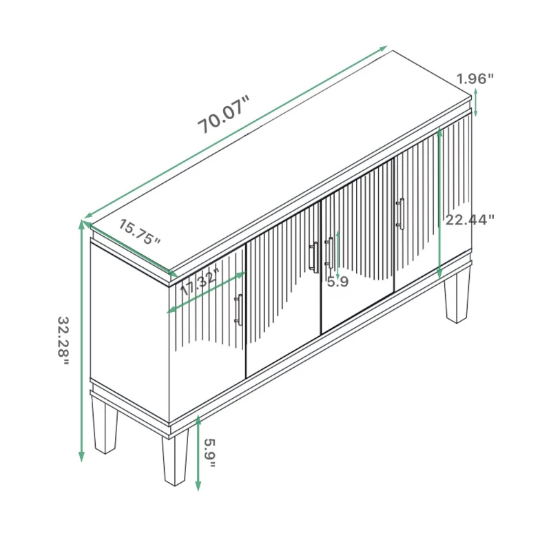 70.07'' Large 4-Door Cabinet, Solid Wood and MDF with Adjustable Shelves, 330 lbs Top Surface Capacity, 70.07''L x 15.75''W x 32.28''H, Champagne