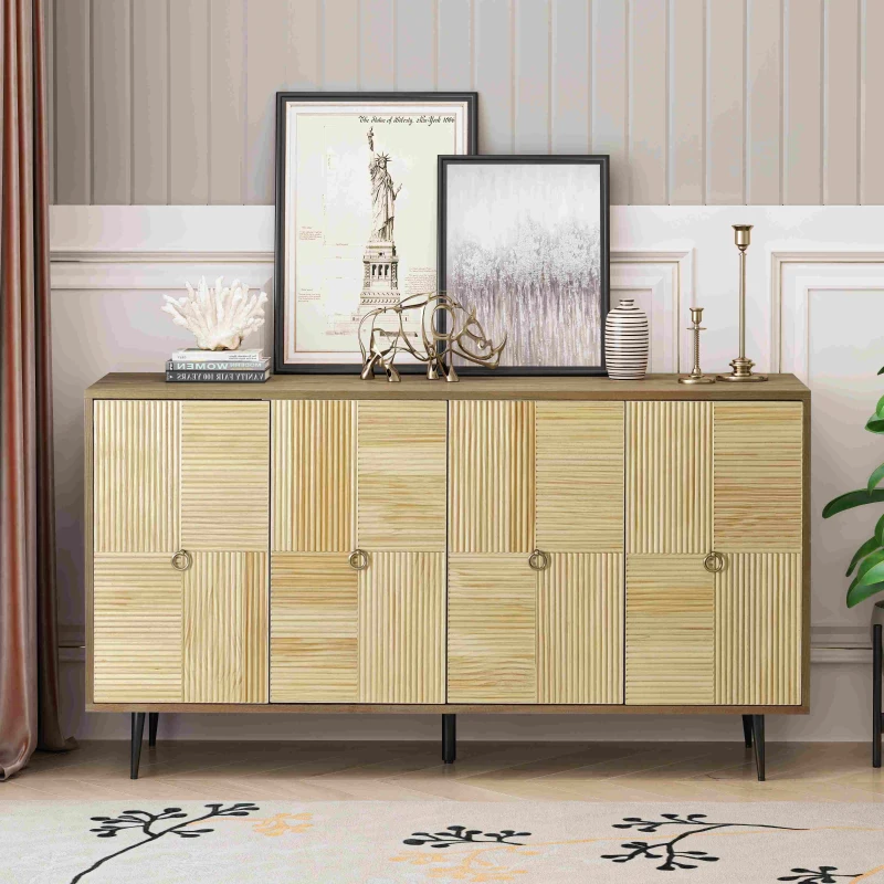 Elegant Vintage 4-Door Cabinet with Carved Pine Panels, Light Reflection Effect, Versatile Storage, and Easy Assembly, 59.84"L x 15.75"W x 32.28"H, Brown