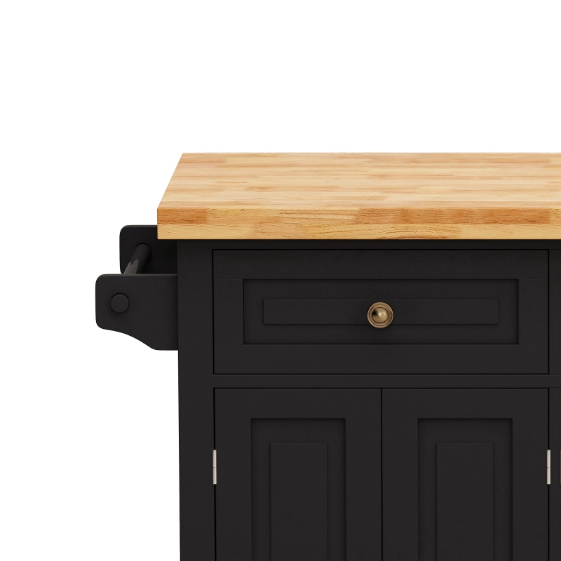 Kitchen Island Cart with Two Storage Cabinets, Two Drawers, Locking Wheels, Spice Rack, and Towel Rack, 43.31" Width, Black