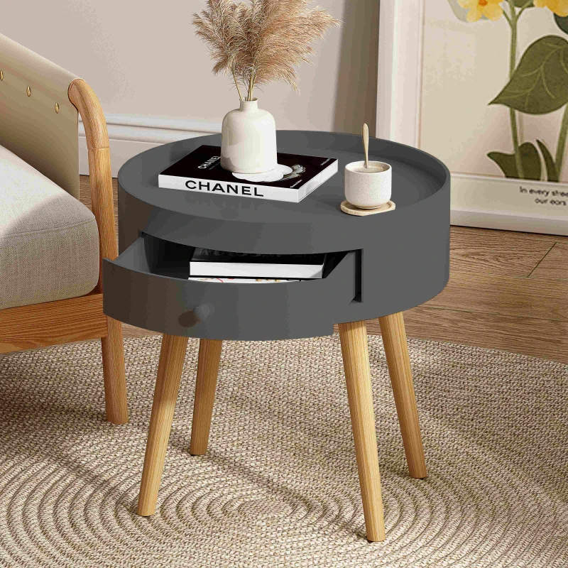 Modern Coffee Table with Drawer, Bedside Table, Oak Legs, Versatile Use for Living Room and Bedroom, 14.96"x14.96"x18", Gray
