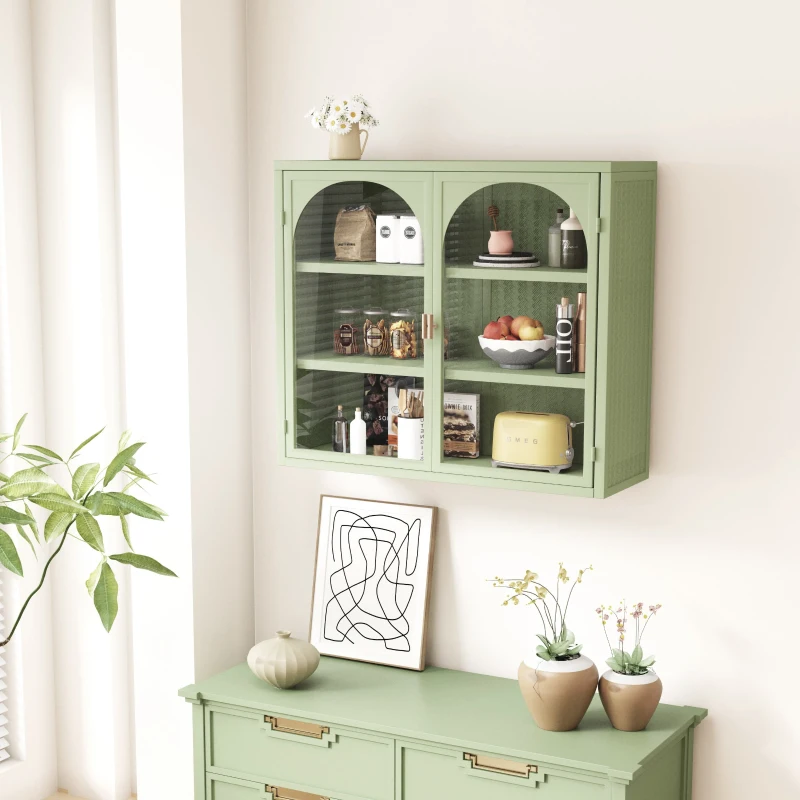 27.56" Glass Doors Modern Two-Door Wall Cabinet with Three-Tier Storage, Woven Pattern, Iron and Tempered Glass for Dining Room, Bathroom, 27.56"L x 9.06"W x 23.62"H, Green