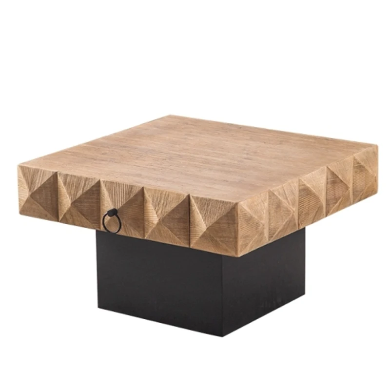 32.28" Square Retro Coffee Table with 2 Drawers, Three-Dimensional Embossed Pattern, MDF Base, 32.28" x 32.28" x 18.3", Natural