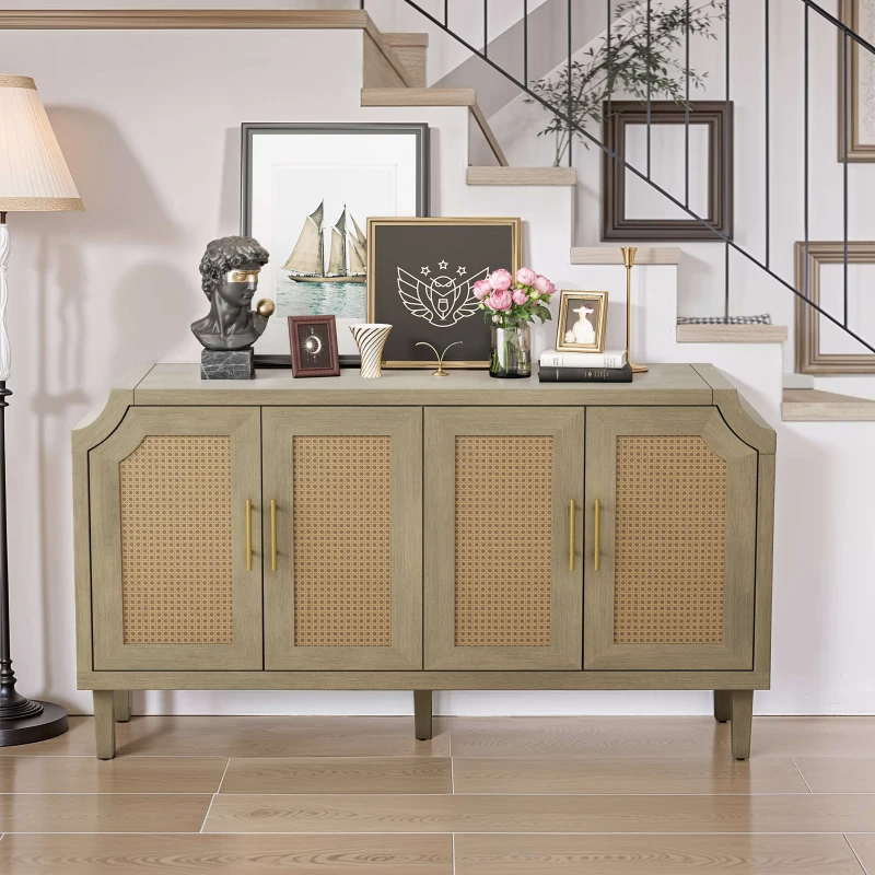 Modern 4-Door Cabinet with Rattan Decorative Doors, Adjustable Shelves, and Ample Storage, 59.84"L x 15.75"W x 32.68"H, Easy Assembly, Natural
