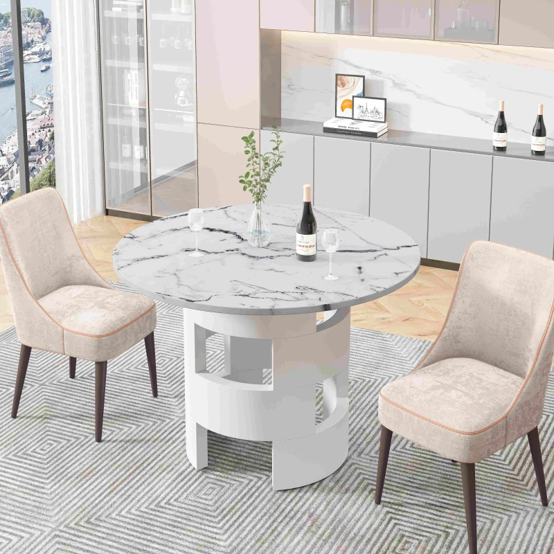 42.12" Modern Round Dining Table with Printed White Marble Table Top, Sturdy MDF Construction, Easy Assembly and Maintenance, 220 lbs Weight Capacity, White