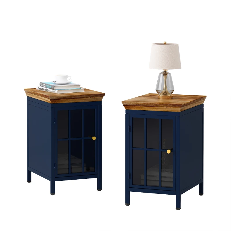 Nightstand with Storage Cabinet & Solid Wood Tabletop, Bedside Table, Sofa Side Coffee Table for Bedroom, Living Room, Set of 2, 12.2"L x 15.75"W x 20.08"H, Blue