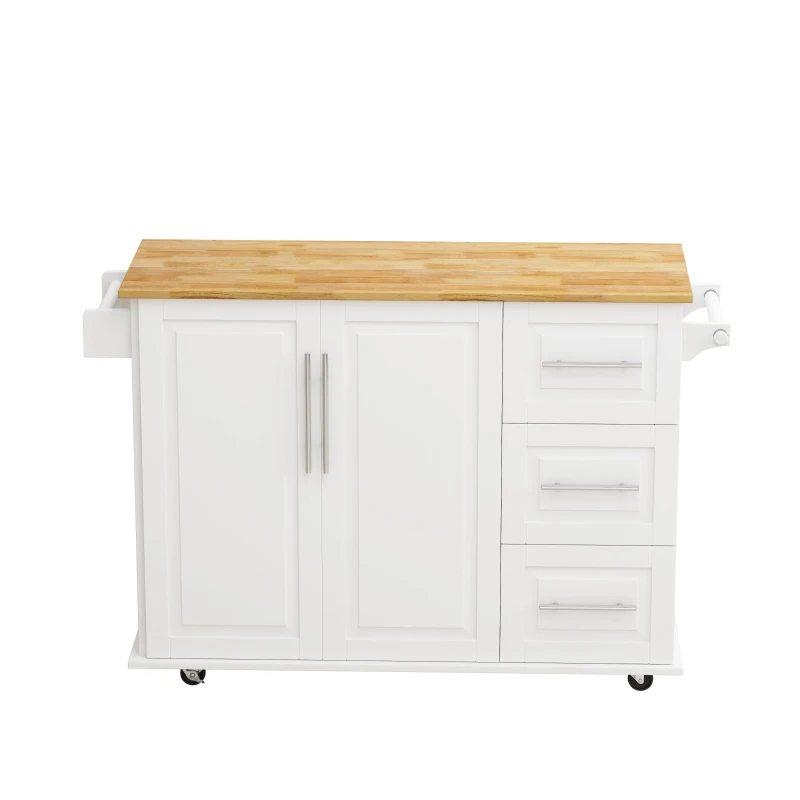 Kitchen Island Cart with 2 Door Cabinet, Three Drawers, Spice Rack, Towel Rack, and Locking Wheels, 43.31" Width, White