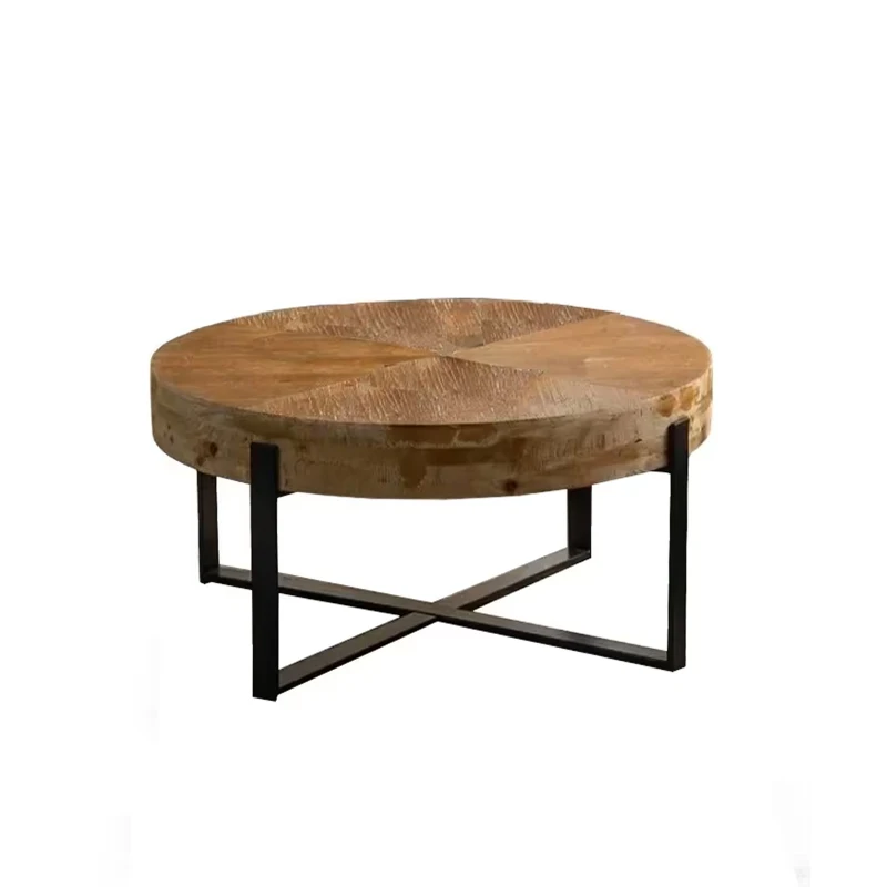 33.86" Modern Retro Splicing Round Coffee Table, Fir Wood Table Top with Black Cross Legs Base, Easy Assembly and Maintenance, 17.72" Height, Black+Natural