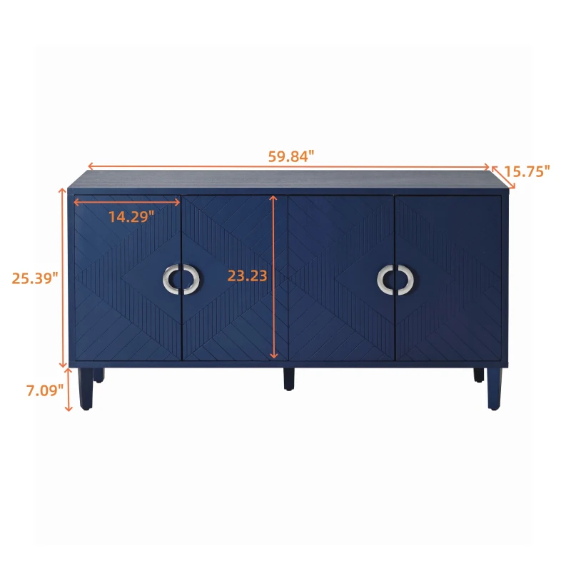 Stylish 4-Door Storage Cabinet with Pine Legs and MDF, Versatile for Living Room, Bedroom, and Kitchen, 59.84"L x 15.75"W x 32.48"H, Navy Blue