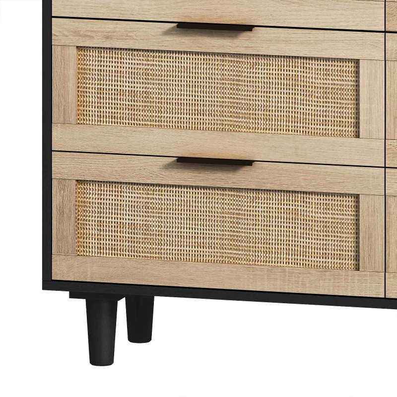 43.31" 6-Drawer Rattan Storage Cabinet, Modern Design with Natural Rattan Drawers, High-Quality Chipboard, Ample Storage for Bedroom and Living Room, Black