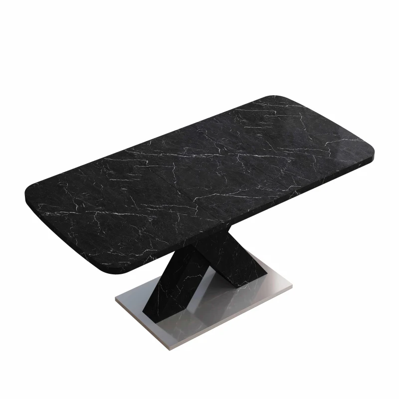 Modern Square Dining Table, Stretchable Printed Black Marble Table Top, MDF X-Shape Legs with Metal Base, 62.99"L x 31.5"W x 30.12"H, Black