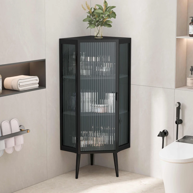 22.25'' Floor Corner Cabinet, Three Tiers with Tempered Glass Doors and Storage Shelves for Bathroom, Living Room, and Bedroom, 22.25"L x 16.75"W x 43.3"H, Black