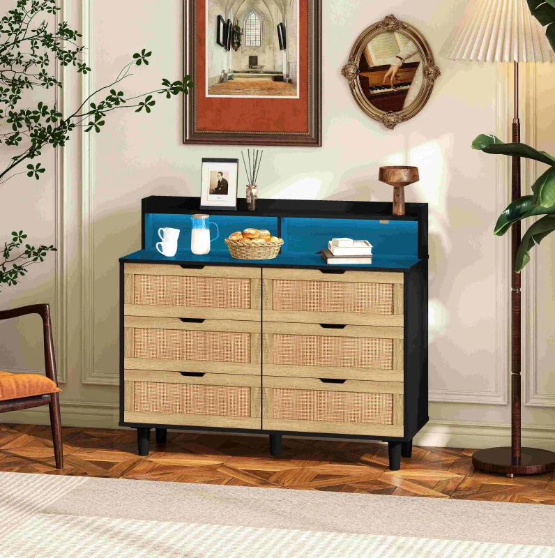 43.31" 6-Drawer Rattan Storage Cabinet with LED Lights and Power Outlet, Anti-Tip Design, Easy Assembly, 43.31"L x 15.75"W x 37.22"H, Black