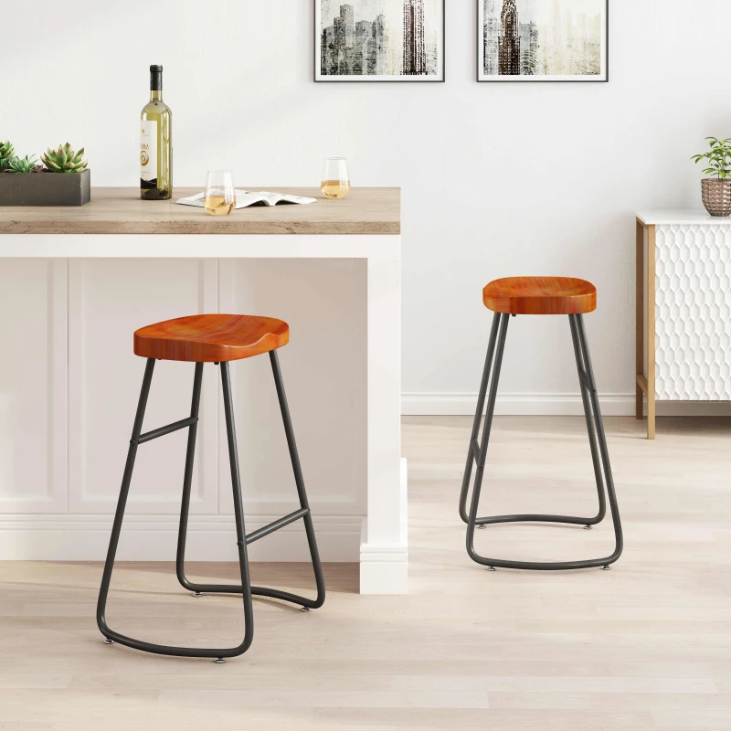 29.53" Minimalist Bar Stools Set of 2, Counter Height, Pine Wood and Iron Frame, Ergonomic Design, Non-Slip Feet Pads, 250 lbs Capacity, Brown