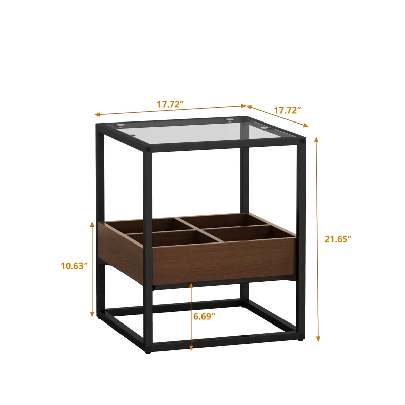 17.72" Modern Glass Coffee Table Set of 2, Nightstand with Storage Shelf and Metal Legs for Bedroom, Living Room, 17.72" L x 17.72" W x 21.65" H, Black