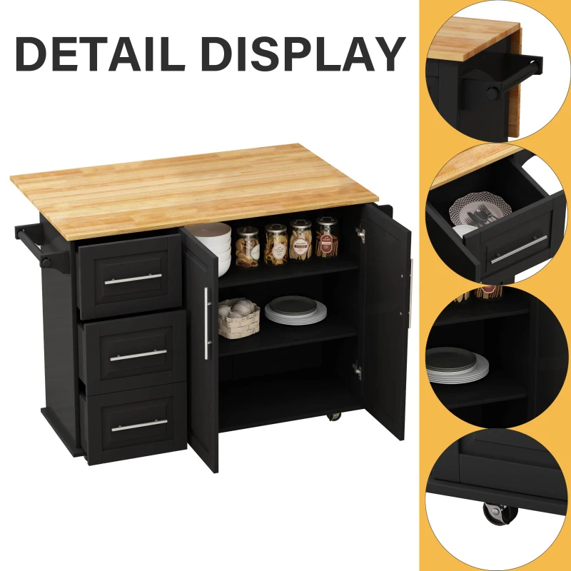 Kitchen Island Cart with 2 Door Cabinet, 3 Drawers, Spice Rack, Towel Rack, Expandable Desktop, and Locking Wheels, 43.31" Width, Black