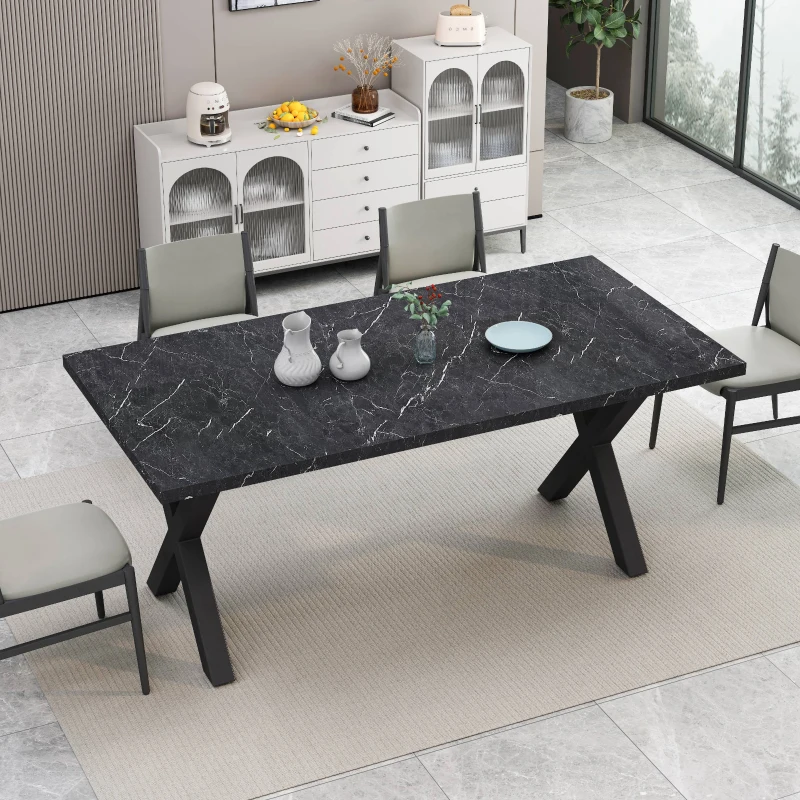 70.87" Modern Square Dining Table with Printed Black Marble Table Top and X-Shape Metal Legs, Easy Assembly, 220 lbs Weight Capacity, Black