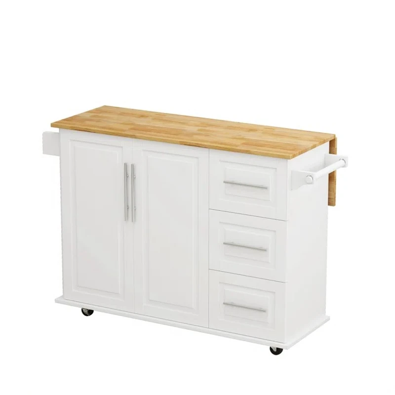 Kitchen Island Cart with 2 Door Cabinet, Three Drawers, Spice Rack, Towel Rack, and Locking Wheels, 43.31" Width, White