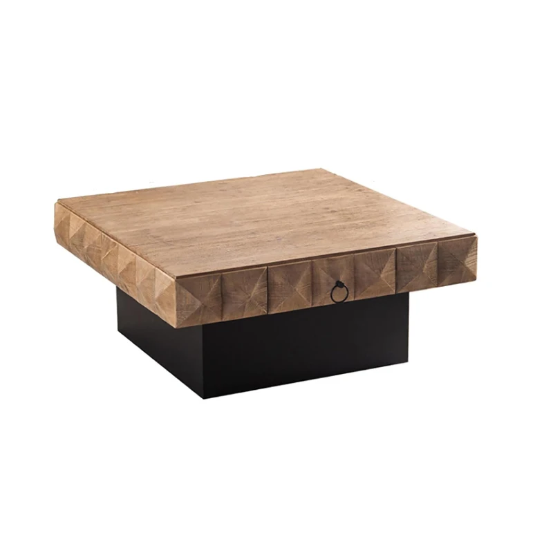 41.73" Square Retro Coffee Table with 3D Embossed Pattern, 2 Drawers, and MDF Base, 220 lb Load Capacity, Natural