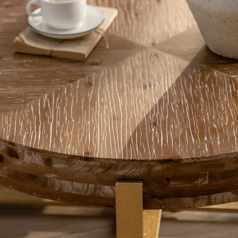 31.29" Modern Retro Splicing Round Coffee Table, Fir Wood Table Top with Gold Cross Legs, Easy Assembly and Maintenance, Gold