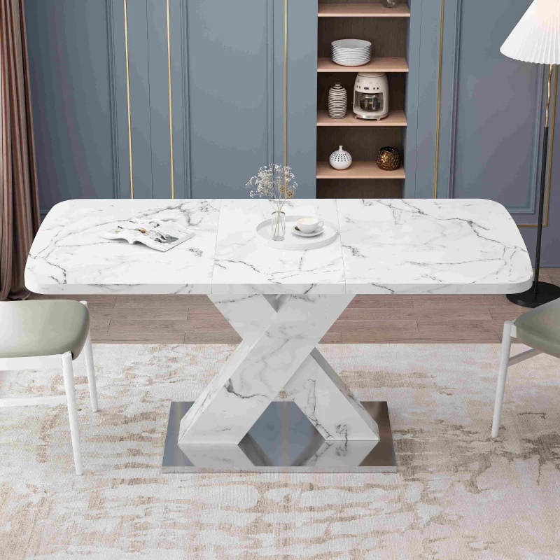 Modern Square Dining Table, Stretchable Printed White Marble Table Top, MDF X-Shape Table Leg with Metal Base, 62.99"L x 31.5"W x 30.12"H, White