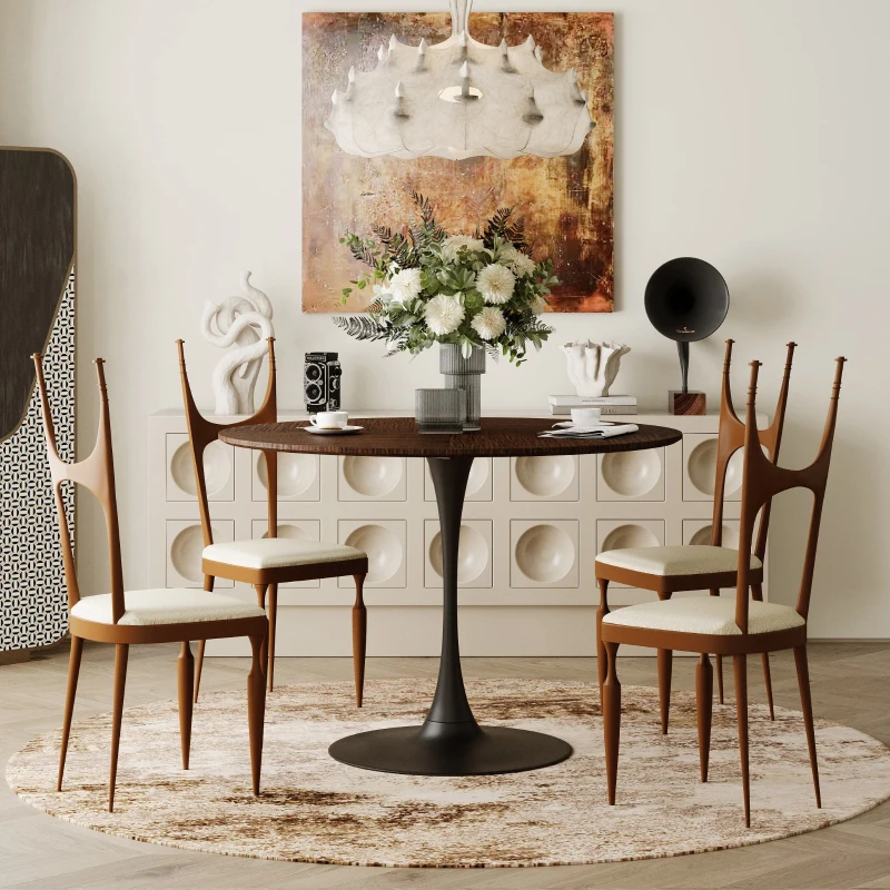 42.13" Modern Round Dining Table with Solid Wood Veneer Top, Metal Base, and Easy Assembly, Brown Oak
