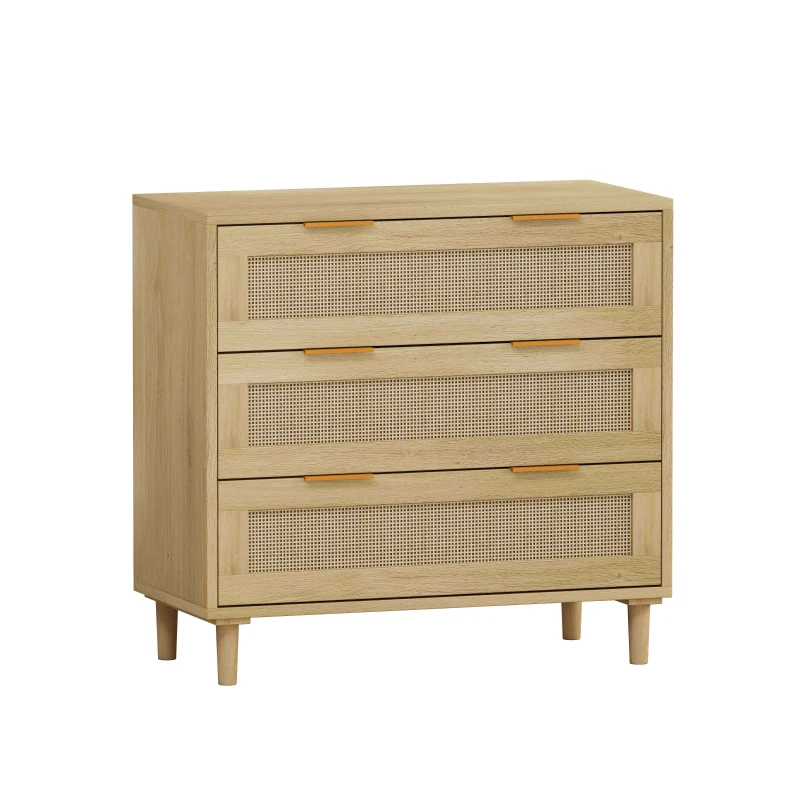 3-Drawer Rattan Storage Cabinet Set of 2, MDF and Solid Wood Legs, Iron Handles, 63" L x 15.55" W x 30.12" H, 52.47 lbs Each, Oak