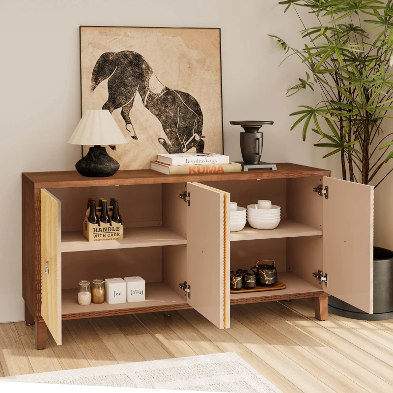 Vintage 4 Door Storage Cabinet, Carved Scatter Pattern Dining Sideboard, Large Buffet with Adjustable Shelves, Multifunctional Accent Cabinet for Living Room, 59.84" x 15.75" x 31.89", Brown