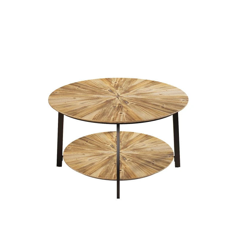 31.5" Round Coffee Table, Wooden Double Layer Coffee Table with Open Storage Space and Metal Legs for Living Room, Bedroom, Natural