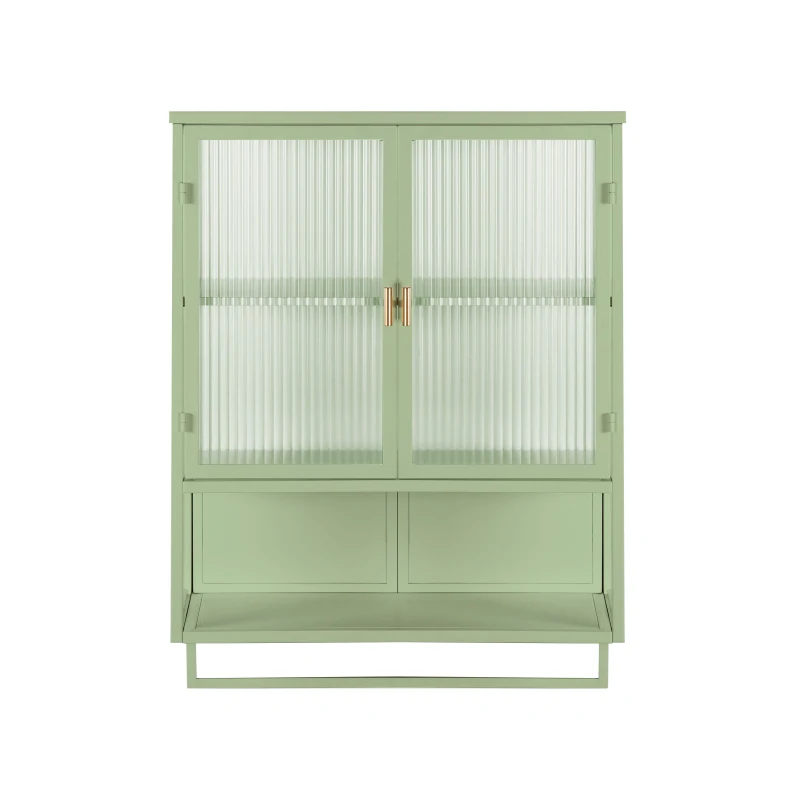23.62" Modern Two-Door Wall Cabinet with Two-Tier Enclosed Storage, Open Shelf, and Towel Rack, Iron and Tempered Glass for Living Room, Dining Room, Bathroom, 23.62"L x 9.06"W x 30.71"H, Green