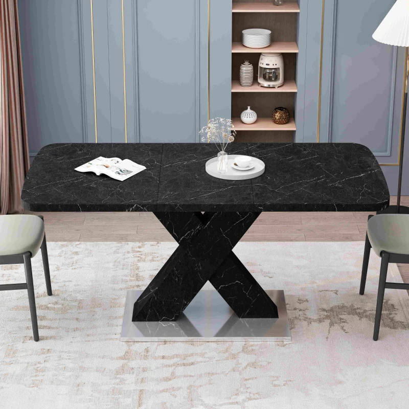 Modern Square Dining Table, Stretchable Printed Black Marble Table Top, MDF X-Shape Legs with Metal Base, 62.99"L x 31.5"W x 30.12"H, Black