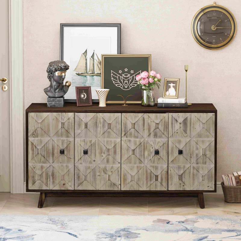 59.84" Vintage Sideboard, 4-Door Freestanding Storage Cabinet with Adjustable Shelves and Metal Handles for Living Room, Office, Bedroom, 59.84"L x 15.75"W x 32.09"H, Natural