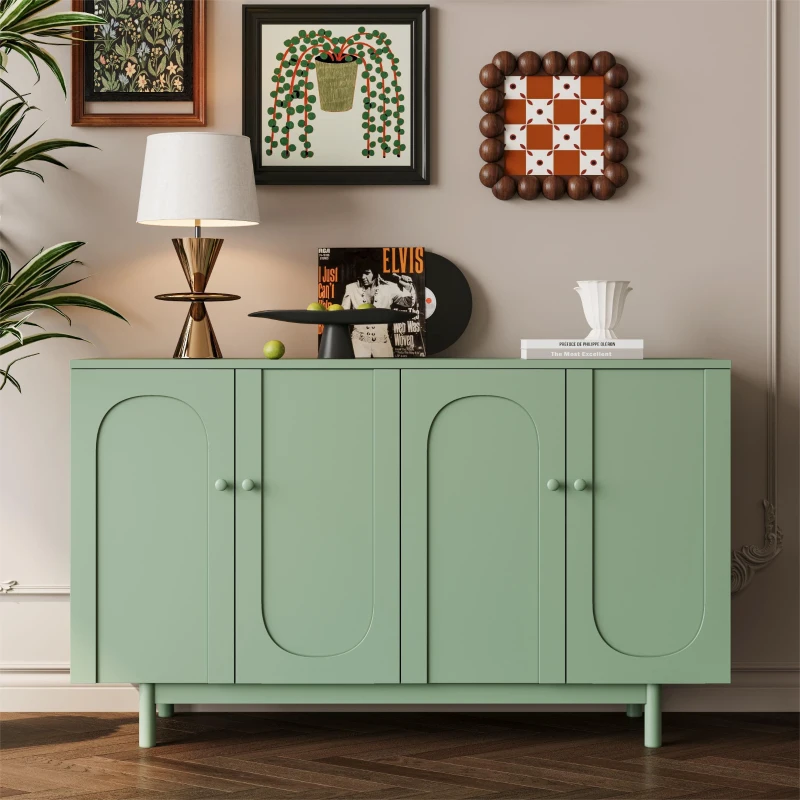 4-Door Intaglio Storage Cabinet with Pine Legs, Solid Wood Pulls, Adjustable Shelves, and MDF, 59.06"L x 15.75"W x 32.43"H, Mint Green