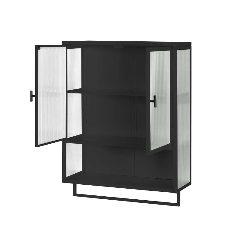 23.62" Modern Wall Cabinet with Glass Doors, Two-Tier Enclosed Storage, Open Shelf, and Towel Rack for Living Room, Dining Room, Bathroom, 23.62"L x 9.06"W x 30.71"H, Black