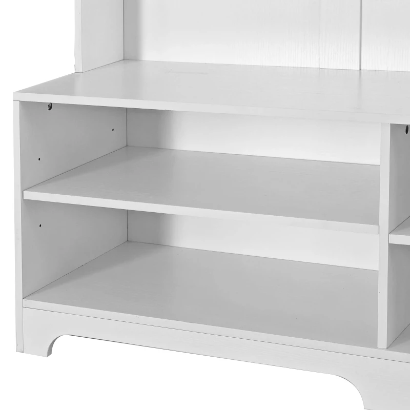 Hall Tree with Shoe Bench, Coat Rack, Storage Shelves, and Pegboard, 57.48"L x 14.96"W x 77.17"H, White