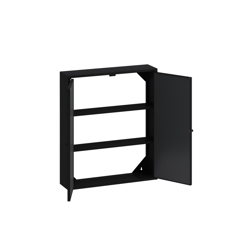 Vintage Two Door Wall Cabinet with Mirror, Three-Level Storage Space, Retro Style, Iron and Glass, 23.62"L x 5.91"W x 27.56"H, Black