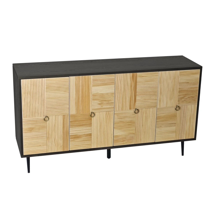 Elegant Vintage 4-Door Cabinet with Carved Pine Panels, Light Reflection Effect, Versatile Storage, and Easy Assembly, 59.84"L x 15.75"W x 32.28"H, Black