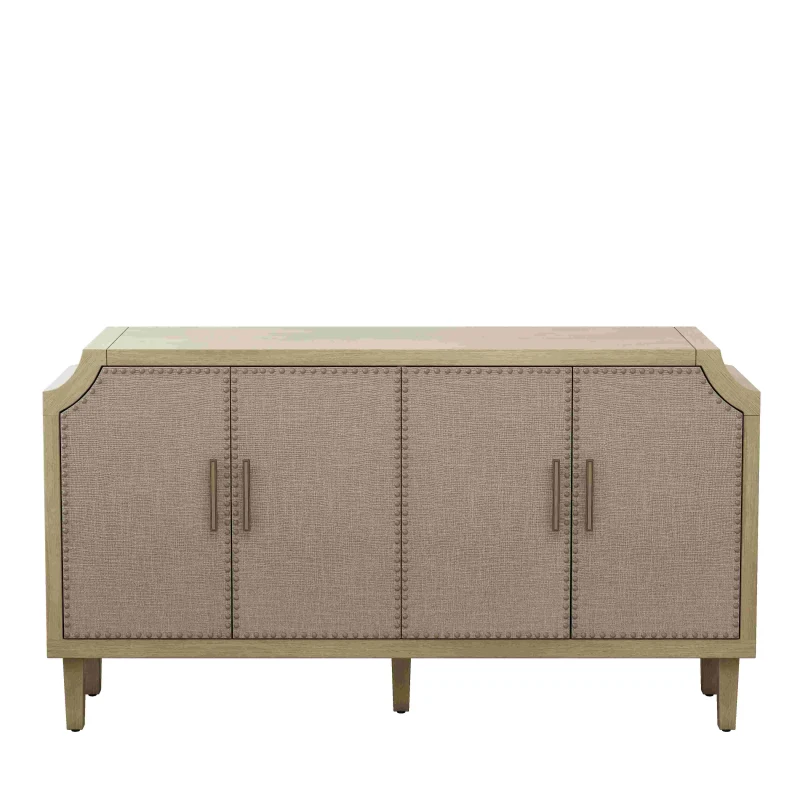 Retro Industrial Style 4-Door Cabinet with Rivet Decor, Linen Doors, Adjustable Shelves, Easy Assembly, 59.84"L x 15.75"W x 32.68"H, Natural
